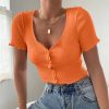 V-Neck Ribbed Short-Sleeve Button Short Top Deep Streetwear Tank Tops - Hplify