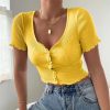V-Neck Ribbed Short-Sleeve Button Short Top Deep Streetwear Tank Tops - Hplify