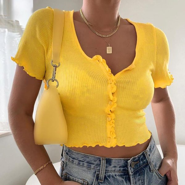 V-Neck Ribbed Short-Sleeve Button Short Top Deep Streetwear Tank Tops - Hplify