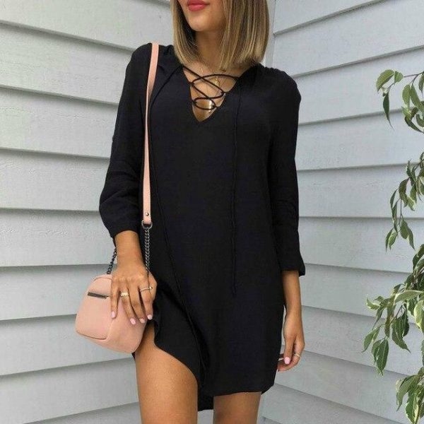 Summer Women Shirt Dress Casual Round Neck Black Long Sleeve Hollow Out Women Dress Summer Dress - Hplify