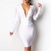 Tassels Detail Designed Plunge Dress Women Sexy V Neck Long Sleeve Bodycon Dress Winter Solid Tight Waist Party Dresses - Hplify