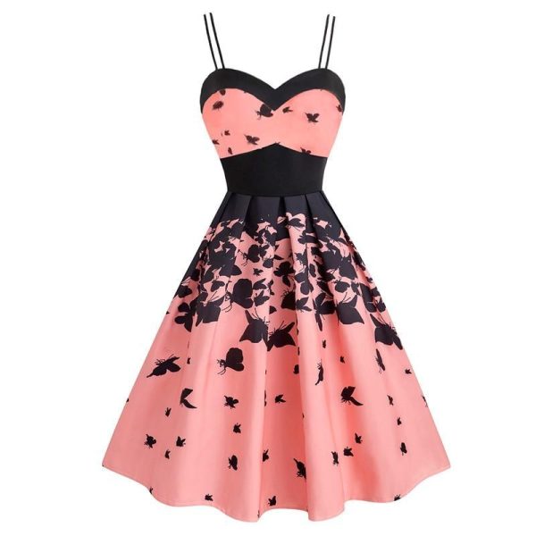 Pink Vintage Butterfly Print Elegant Party Dress Women Strap Dresses - Hplify