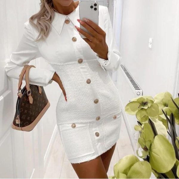 Turn Down Collar Long Sleeve Dress Winter Single Brested Elegant Office Ladies Party Dress Slim Fit White Bodycon Mini Dresses - Hplify