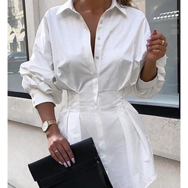 Turn down collar white shirt dress women Long sleeve high waist plunge dress Elegant button design dresses vestidos autumn - Hplify