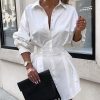 Turn down collar white shirt dress women Long sleeve high waist plunge dress Elegant button design dresses vestidos autumn - Hplify