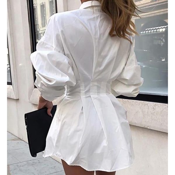 Turn down collar white shirt dress women Long sleeve high waist plunge dress Elegant button design dresses vestidos autumn - Hplify