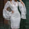 Turtleneck 2 piece set lace dress women Flare sleeve slim fit  party dress Eelgant office ladies white dresses Knee vestidos - Hplify