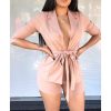 Two piece set women Solid notched neck belted blazer with shorts Summer short sleeve blazer shirts set Casual outfits femme - Hplify