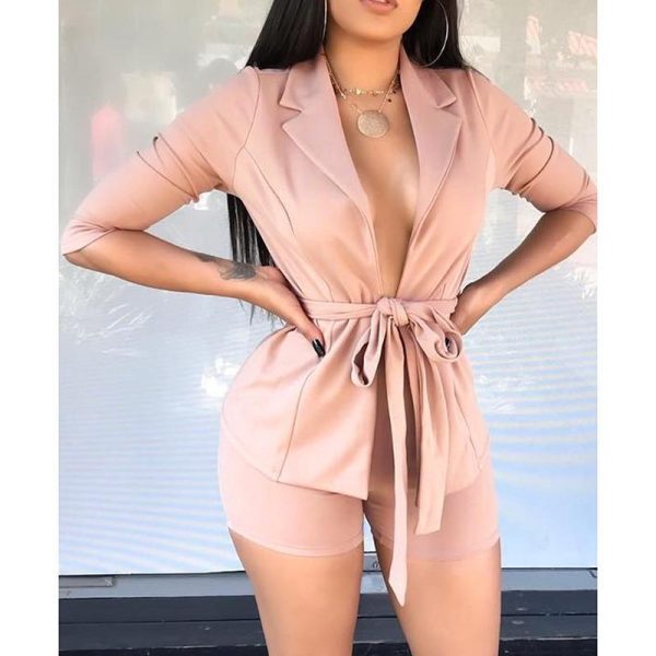 Two piece set women Solid notched neck belted blazer with shorts Summer short sleeve blazer shirts set Casual outfits femme - Hplify