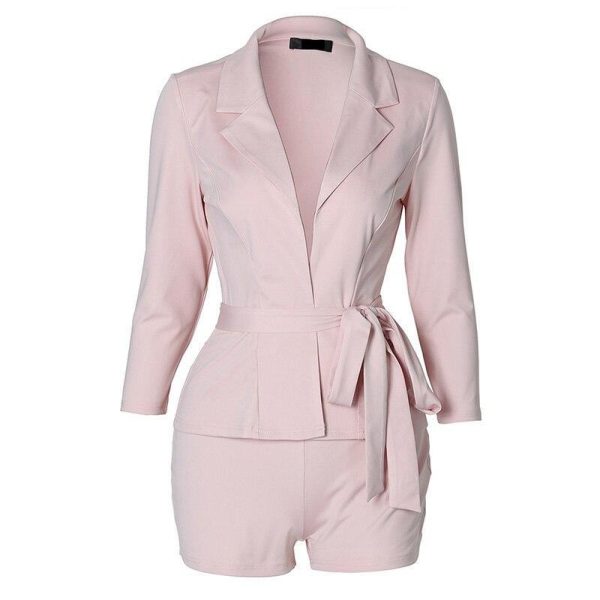 Two piece set women Solid notched neck belted blazer with shorts Summer short sleeve blazer shirts set Casual outfits femme - Hplify