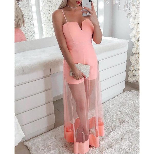 V-Cut Spaghetti Strap Mesh Romper Women Mesh Sheer Patchwork Sexy Overalls Elegant Ladies Pink Jumpsuit Summer body mujer - Hplify