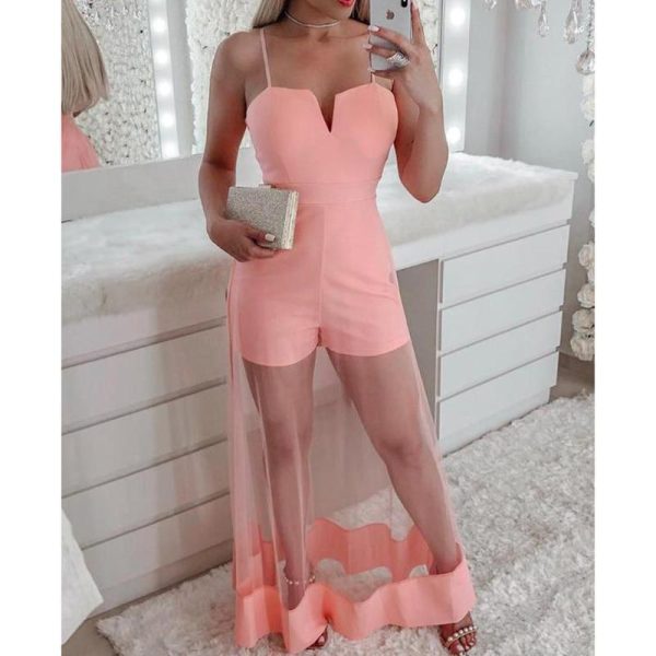 V-Cut Spaghetti Strap Mesh Romper Women Mesh Sheer Patchwork Sexy Overalls Elegant Ladies Pink Jumpsuit Summer body mujer - Hplify