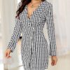V-Neck Houndstooth Buttoned Bodycon Dress - Hplify