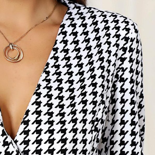 V-Neck Houndstooth Buttoned Bodycon Dress - Hplify