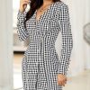 V-Neck Houndstooth Buttoned Bodycon Dress - Hplify