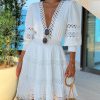 White Deep V Neck Lace Trim Dress Women Half Sleeve Hollow Out Dress Summer - Hplify