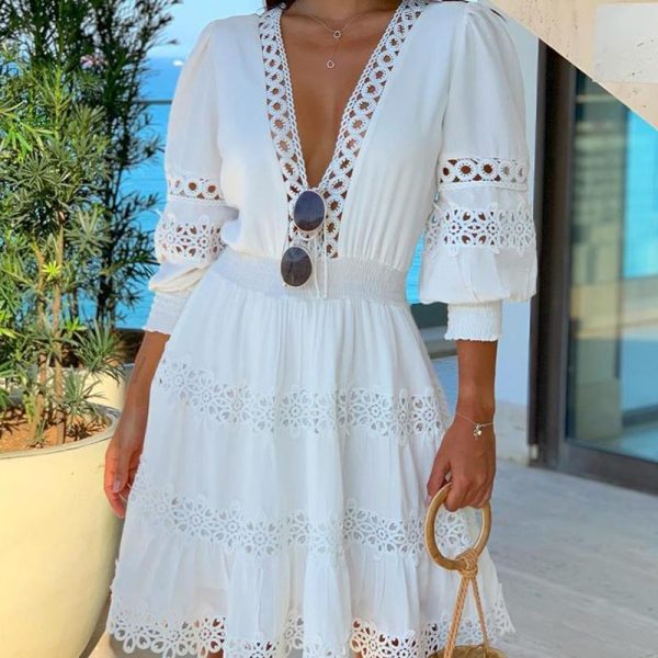 White Deep V Neck Lace Trim Dress Women Half Sleeve Hollow Out Dress Summer - Hplify