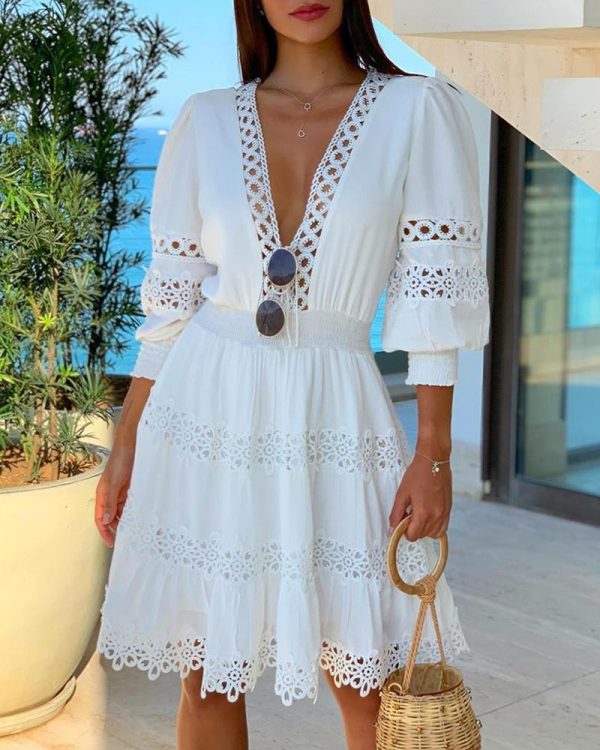 White Deep V Neck Lace Trim Dress Women Half Sleeve Hollow Out Dress Summer - Hplify