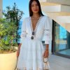 White Deep V Neck Lace Trim Dress Women Half Sleeve Hollow Out Dress Summer - Hplify