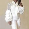 Women Bow Tied Neck Chiffon Blouse Shirt Elegant Layered Ruffles Long Sleeve Shirt Office Ladies White Lace Patchwork Blusa XXL - Hplify