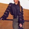 Women Bow Tied Neck Long Sleeve Blouse Shirt Mesh Chic Workwear Elegant Office Ladies Blouse Black Tops Streetwear Blusa - Hplify