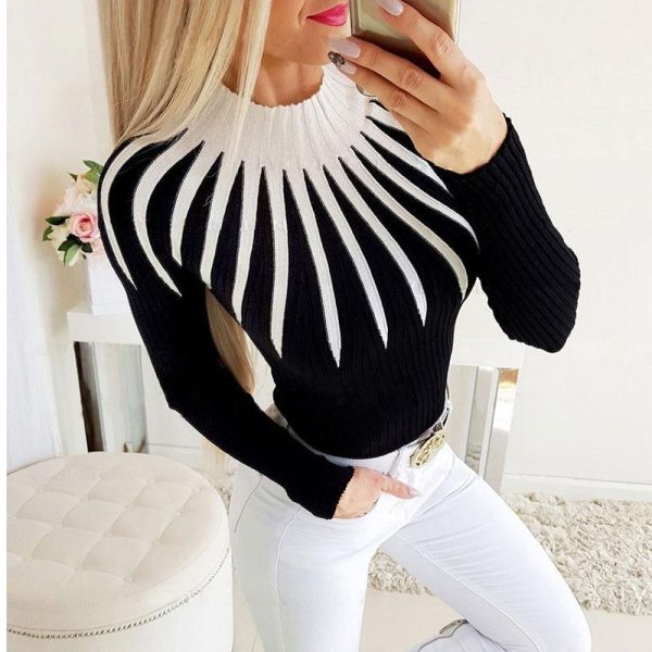 Women Casual Slim Striped Print Top Long Sleeve O Neck Sewater Knitted Pulovers Patchwork Top - Hplify