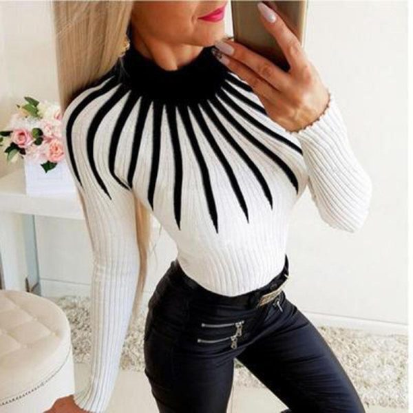 Women Casual Slim Striped Print Top Long Sleeve O Neck Sewater Knitted Pulovers Patchwork Top - Hplify