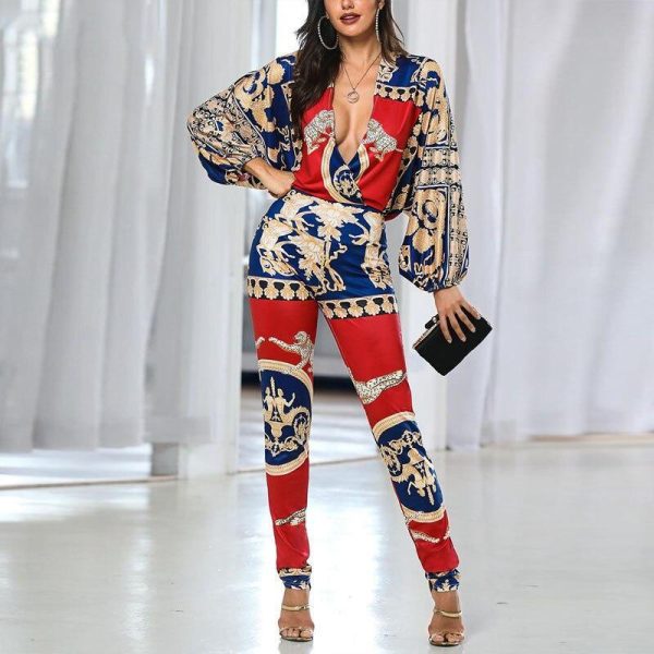 Women Colorblock Print Lantern Sleeve Jumpsuit Skinny Long Sleeve Plunge V-neck Street Wear Fashion Jumpsuits Overalls for Woman - Hplify