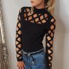 Women Cut Out Long Sleeve T Shirt Autumn Solid Mock Neck Lace-up Sleeve Black Tshirt Tops Streetwear Slim Fit Blusas Mujer - Hplify