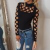 Women Cut Out Long Sleeve T Shirt Autumn Solid Mock Neck Lace-up Sleeve Black Tshirt Tops Streetwear Slim Fit Blusas Mujer - Hplify
