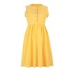 Women Dress Ruffled A Line Dress Sexy Sleeveless Button Yellow Solid Color Round Neck Sexy Dress Summer - Hplify