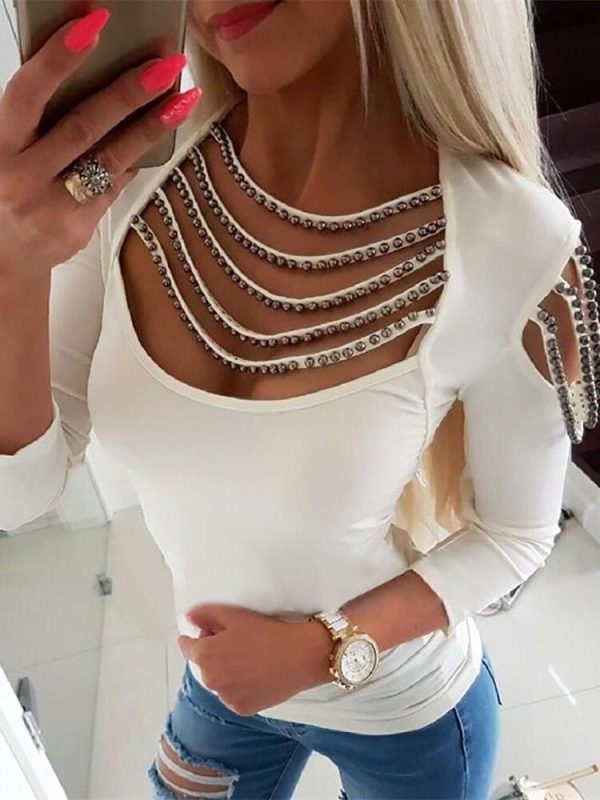 Women Elegant White Stylish Shirt Female Low Cut Casual Top Cold Shoulder Tassels Studded Long Sleeve T Shirt Blusas Mujer - Hplify