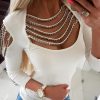 Women Elegant White Stylish Shirt Female Low Cut Casual Top Cold Shoulder Tassels Studded Long Sleeve T Shirt Blusas Mujer - Hplify