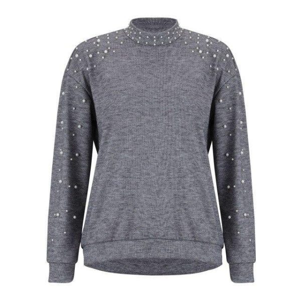 Women Fall Clothing Fashion Women Round Neck Sweatshirt for Women Solid Color Gray Beading Pullovers Casual Sweatshirts - Hplify