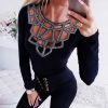 Women Fall Clothing Sexy Women Round Neck Hollow Out Beading Slim Long Sleeve Women Blouse Sexy Tops and Shirt - Hplify