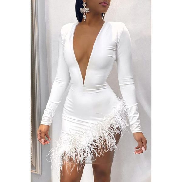 Women Faxu Feather Long Sleeve Dress Irregular Bodycon Mini Dress Sexy V Neck Black White Plunge Vestidos Party Dresses Winter - Hplify