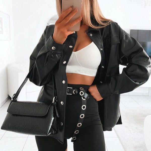 Women Faxu Leather Jacket Coat Streetwear Single Breasted Pocket Pu Leather Jacket Fashion Overcoat for Femme - Hplify