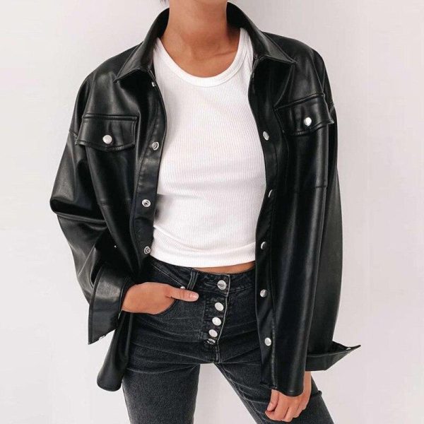 Women Faxu Leather Jacket Coat Streetwear Single Breasted Pocket Pu Leather Jacket Fashion Overcoat for Femme - Hplify