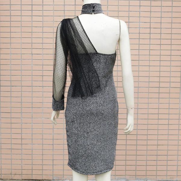 Women Glitter Mesh Patchwork Bodycon Dress Chocker Neck Black Glittering Mini Dresses Stretchy Party Dress Vestidos Mujer - Hplify