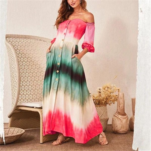 Women Gradation Color Off Shoulder Long Dress Single Breasted Long Sleeve Maxi Dress with Pocket Casual Summer Beach Robe Femme - Hplify