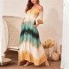 Women Gradation Color Off Shoulder Long Dress Single Breasted Long Sleeve Maxi Dress with Pocket Casual Summer Beach Robe Femme - Hplify