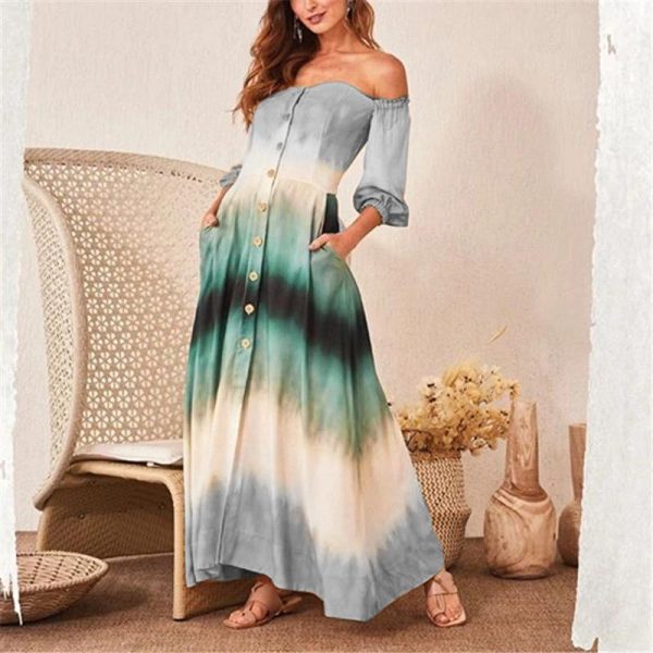 Women Gradation Color Off Shoulder Long Dress Single Breasted Long Sleeve Maxi Dress with Pocket Casual Summer Beach Robe Femme - Hplify