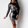 Women High Neck Long Sleeve Sequined Dress Contrast Sequins Bodycon Mini Party Dress Nightwear Vestido Plus Size - Hplify