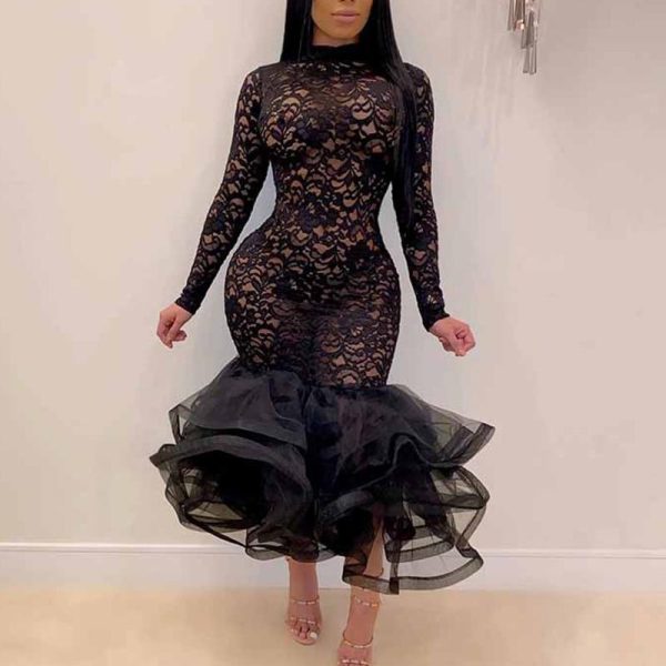 Women Hollow Out Dress Spring Winter Long Sleeve Dress Lace Ruffles High Waist Dresses Formal Party Bodycon Midi Vestidos - Hplify