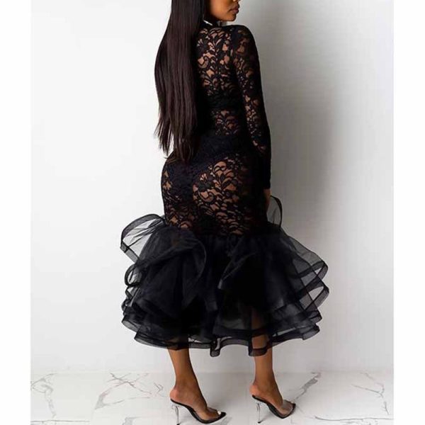 Women Hollow Out Dress Spring Winter Long Sleeve Dress Lace Ruffles High Waist Dresses Formal Party Bodycon Midi Vestidos - Hplify