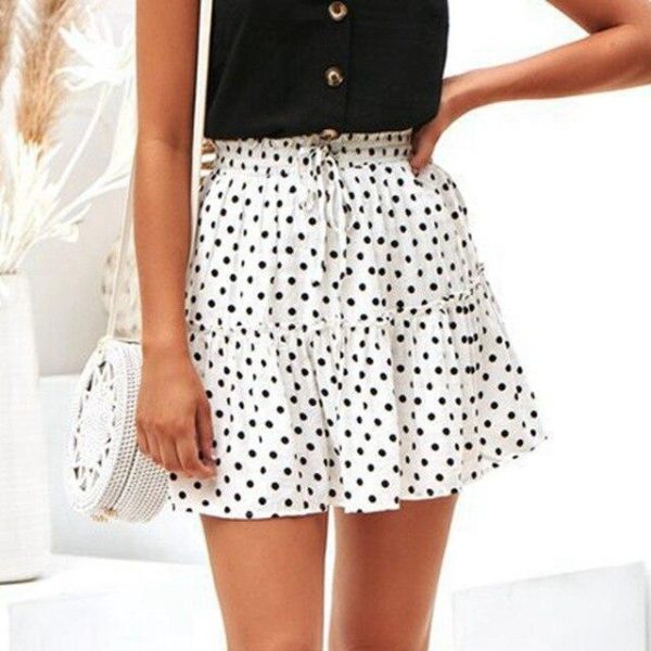 Women Korean Clothes Summer Dot Print Sexy Elastic High Waist Lace Up Pleated A Line Mini Skirt Casual Short Skirts Streetwear - Hplify