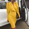 Women Leg-of-Mutton Sleeve Plunge Party Dress Slim Waist Ruched Bodycon Dress Solid Yellow Red Black Robe Femme - Hplify