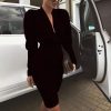 Women Leg-of-Mutton Sleeve Plunge Party Dress Slim Waist Ruched Bodycon Dress Solid Yellow Red Black Robe Femme - Hplify