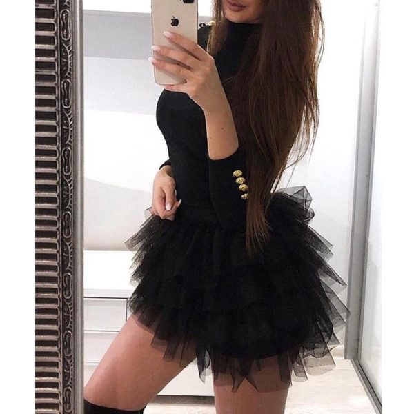 Women Long Sleeve Mesh Insert Black Dress Sexy Solid Mesh Organza Spliced Mini Dress Winter O-neck Mini Dresses - Hplify