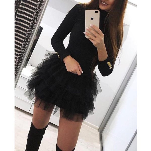 Women Long Sleeve Mesh Insert Black Dress Sexy Solid Mesh Organza Spliced Mini Dress Winter O-neck Mini Dresses - Hplify